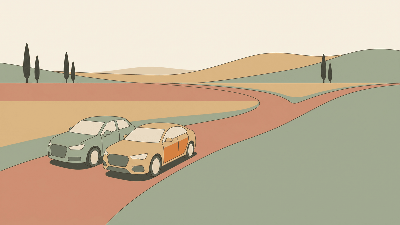 Il·lustració de dos cotxes en una carretera de camp catalana que es bifurca, en to editorial i calmat.