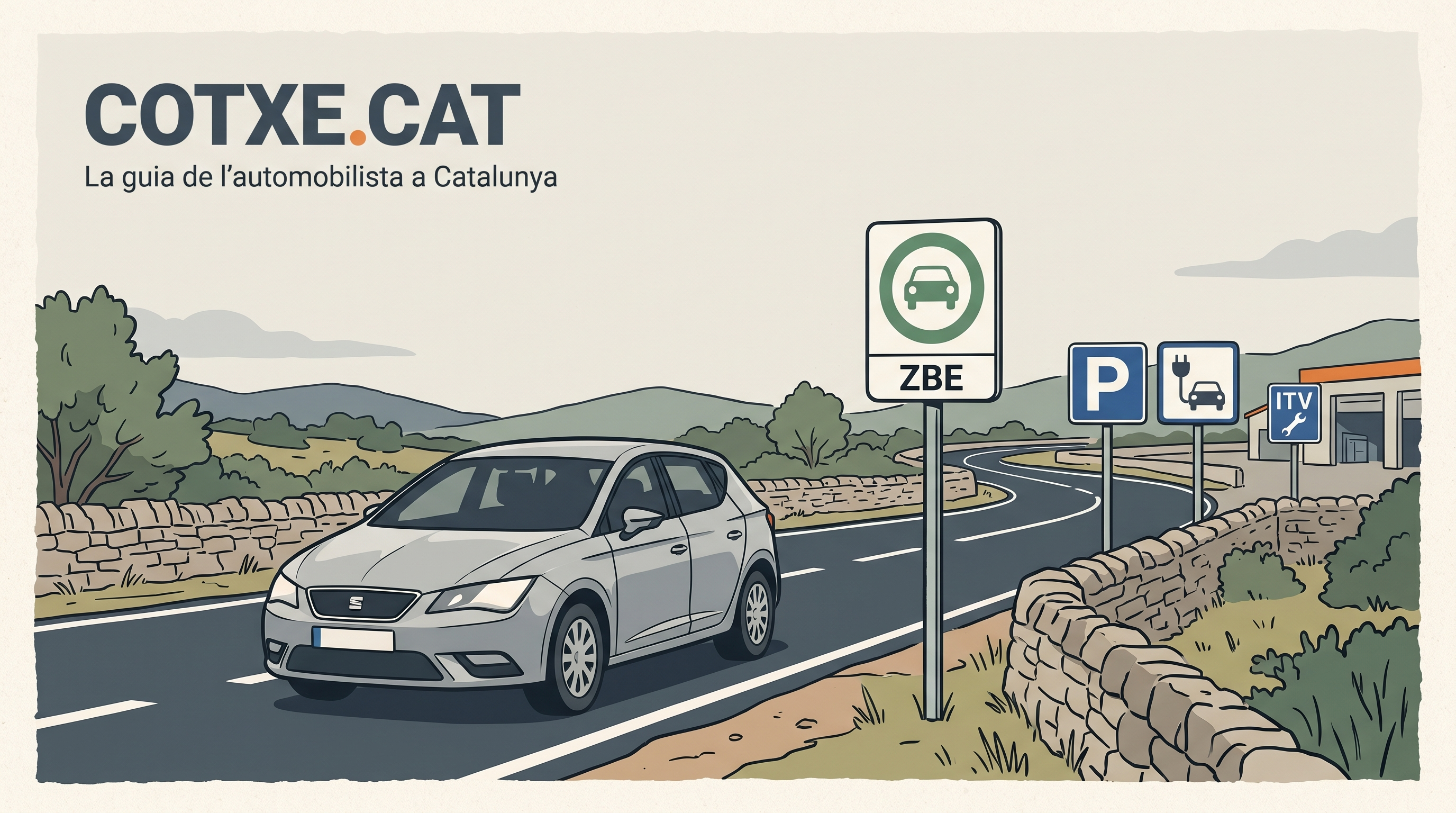 Cotxe en una carretera catalana amb senyal de zona de baixes emissions, indicador d'aparcament i punt de càrrega elèctrica.
